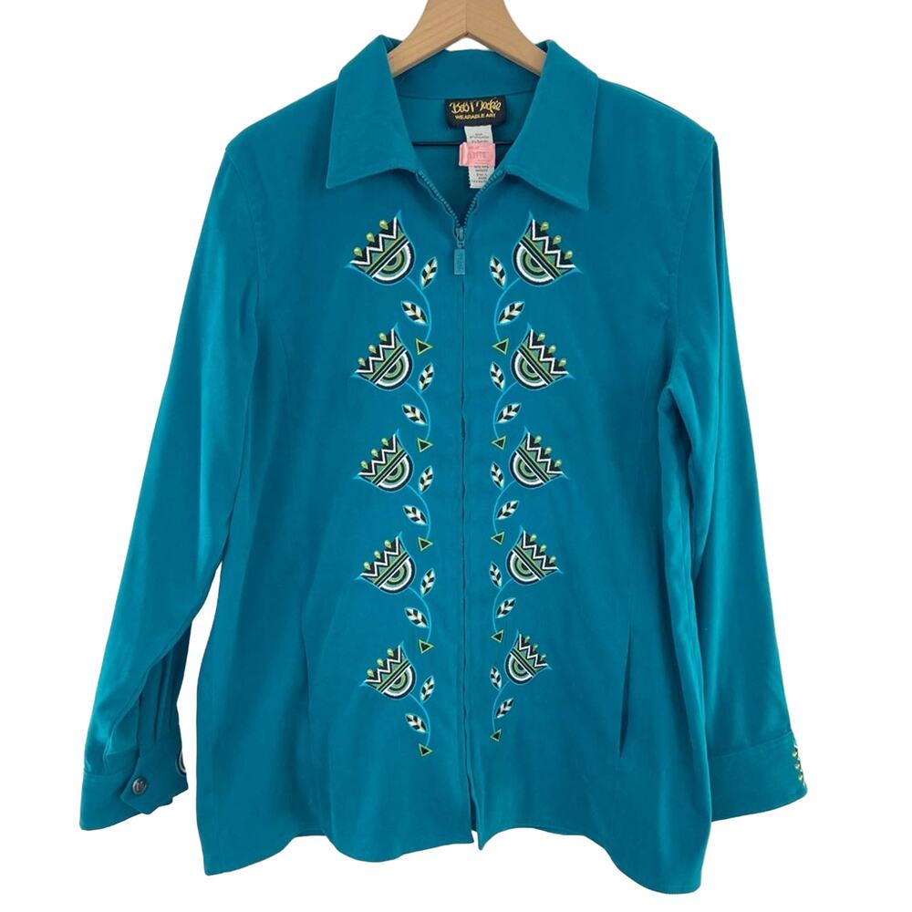 Bob Mackie L Wearable Art Teal Embroidered Floral Zip Lightweight Jacket